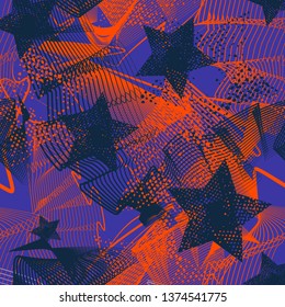 Abstract seamless grunge stars pattern for sport textile, fashion clothes. Grunge wrapping paper. 