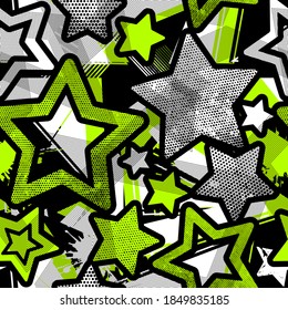 Abstract seamless grunge stars pattern in graffiti style, with Shape textured elements, lines, stars. Bright green background. repeated backdrop for textile, clothes. Original wallpaper