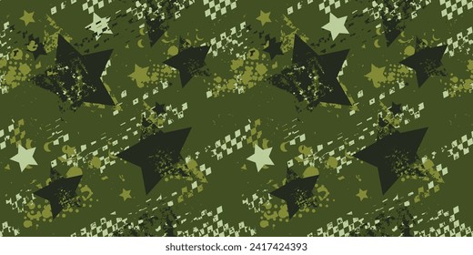 Abstract seamless Grunge stars pattern for sport textile, clothes, wrapping paper. Green grungy military ornament. Textured camouflage repeat print.