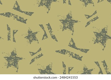 Abstract seamless Grunge stars pattern for sport textile, clothes, wrapping paper. Grey and green grungy endless ornament with stars. Textured monochrome military repeat print.