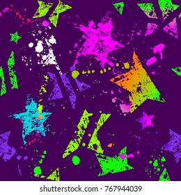 Abstract seamless grunge stars pattern for boy, girl, textile, clothes, wrapping paper. Chaotic textured Repeated backdrop. Colourful childish wallpaper with line, shabby shape, spray paint ink 