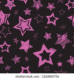 Abstract seamless grunge style pattern. Repeating background with stars hand drawn brush, ink, marker, pencil drawing. Vector backdrop