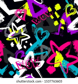 Abstract seamless grunge textured pattern with hearts, stars, triangles. Colorful chaotic girlish fancy repeated print.