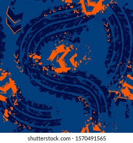 Abstract seamless grunge textured pattern. Tire trace repeated print with arrows for fashion textile, sport clothes, wrapping paper.