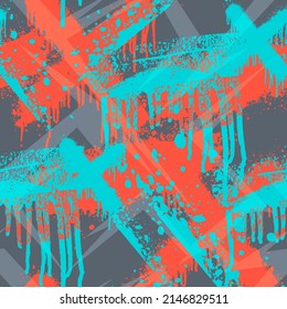 Abstract seamless Grunge textured pattern with blop, blot, brush strokes. Graffiti wall repeat print for sport textile, fashion clothes, wrapping paper. Street art style endless ornament.