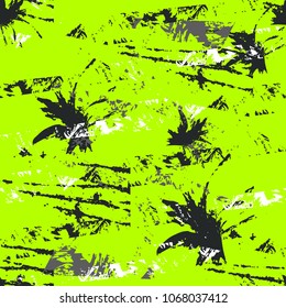 Abstract seamless grunge urban pattern.  Brush track elements, splatter. Chaotic textured repeated backdrop for boy, textile, sport clothes, wrapping paper. Neon green wallpaper. Military exotic