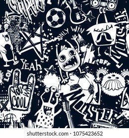 Abstract seamless grunge urban pattern with monster character, sketch drawn of soccer ball, stars, electro guitar, record player, text Super drawing in graffiti style, motivation slogan Only win