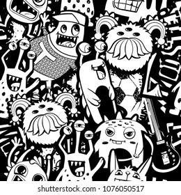 Abstract seamless grunge urban pattern with monster cartoon character.  Chaotic doodle repeated backdrop for boy, textile, clothes,wrapping paper. Geometrical elements. black and white wallpaper