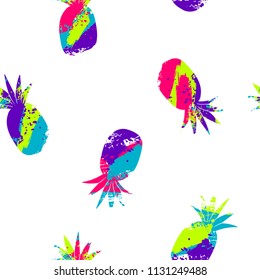 Abstract seamless grunge urban pattern drawing in pop art style. Bright colorful wall. Grungy style pineapple wallpaper. Cracked brush track repeated backdrop for boy, sport textile, clothes. 