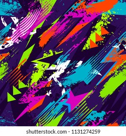 Resumen de un patrón urbano sin fisuras con pista de Brush, estrellas, iluminación, triángulos, líneas. Papel pintado de textura brillante. Piedras raras y repetidas escenas para niños, deportivos, textiles, ropa, papel de envolver 