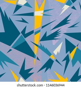 Abstract seamless grunge urban pattern. Bright colorful cracked textured wall. Geometric curved shape for boy, girl, sport textile, clothes. Geometrical ornament