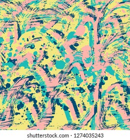 Abstract seamless grunge urban pattern with cracked texture, whirl lines, dots. Chaotic grungy repeated backdrop for textile, clothes, wrapping paper. Colorful ornament.