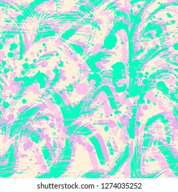 Abstract seamless grunge urban pattern with cracked texture, whirl lines, dots. Chaotic grungy repeated backdrop for textile, clothes, wrapping paper. Colorful ornament.