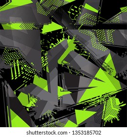 Abstract seamless grunge urban pattern. Monochrome cracked wall with curved line, arrow, triangles. Grungy style wallpaper. Geometric repeated backdrop for boys, sports textile, clothes