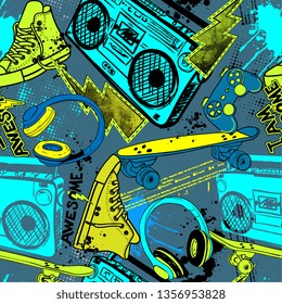 Abstract seamless grunge urban pattern with skateboard, sneakers, radio tape recorder, headphones, text Awesome drawing in graffiti style. For boys. For textile, sport wear, graphic tees and more