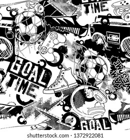 Abstract seamless grunge urban pattern for boys, sketch drawn of soccer ball, boots, skateboard, sneakers, , record player, text , motivation slogan Goal time