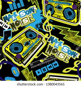 Abstract seamless grunge urban pattern with radio tape recorder, headphones, text Make some noise drawing in graffiti style. For boys. For textile, sport wear, graphic tees and more