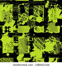 Abstract seamless grunge urban pattern.  cracker wall with across curved line, arrow, triangles. Grungy style wallpaper. Geometric repeated backdrop for boy, sport textile, clothes