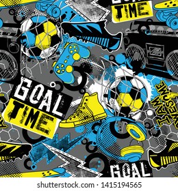 Abstract seamless grunge urban pattern for boys, sketch drawn of soccer ball, boots, skateboard, sneakers, , record player, text , motivation slogan Goal time