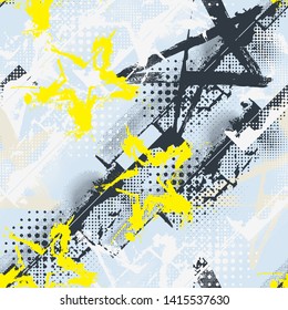 Abstract seamless grunge urban pattern in graffiti style, with shape textured elements, lines, stars.