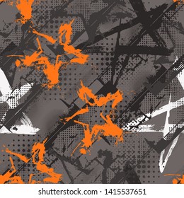 Abstract seamless grunge urban pattern in graffiti style, with shape textured elements, lines, stars.