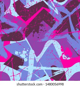 Abstract seamless grunge urban pattern in graffiti style, with Shape textured elements, lines, stars. Girlish repeated backdrop for textile, clothes. Original wallpaper