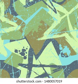 Abstract seamless grunge urban pattern in graffiti style, with Shape textured elements, lines, stars. Girlish repeated backdrop for textile, clothes. Original wallpaper