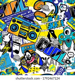 Abstract seamless grunge urban pattern with monsters, sneakers, radio tape recorder, headphones, drawing in graffiti style.  For textile, sport wear, graphic tees and more