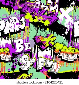 Abstract seamless grunge urban pattern with street art style words extreme, so fun, power, crazy. Grungy repeat print. Teenagers repeated background for sport textile, fashion clothes, wrapping paper.