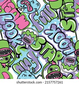 Abstract seamless grunge urban pattern with monster character. Super pattern in graffiti style