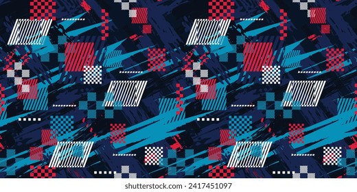 Abstract seamless grunge urban pattern for sport clothes. Chaotic shape elements design with drip, spot, motion and speed elements. Repeated backdrop. Original background square checkers wallpaper.
