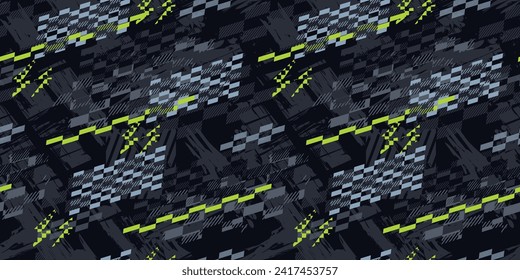 Abstract seamless grunge urban pattern for sport clothes. Grey and neon green colors geometric ornament with chequered board. Repeated backdrop. Original background square checkers wallpaper.