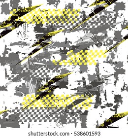 Abstract seamless grunge urban pattern for sport clothes. Chaotic shape elements design with drip, spot, motion and speed elements. Repeated backdrop. Original background. square checkers wallpaper