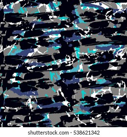 Abstract seamless grunge urban pattern for boys, fashion, sport clothes, textile, wallpaper, wrapping paper. Chaotic shape design. Creative original Repeated backdrop in black, white, blue colors