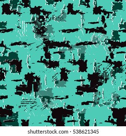 Abstract seamless grunge urban pattern for girls, fashion, sport clothes, textile, wallpaper, wrapping paper. Chaotic shape design. Creative original Repeated backdrop in azure and black colors