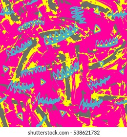 Abstract seamless grunge urban pattern for girls, fashion, sport clothes, textile, wallpaper, wrapping paper. Chaotic shape design. Creative original Repeated backdrop in bright girlish colors