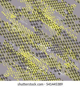 Abstract seamless grunge urban pattern for sport clothes, textile, wrapping paper. Chaotic design with shape elements, squares, taxi elements in grey and yellow
colors. Repeated backdrop. 