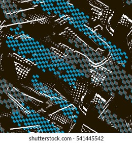 Abstract seamless grunge urban pattern for sport clothes, textile, wrapping paper. Chaotic shape elements design with drip, spot, motion and speed elements. Repeated backdrop. Original background. 