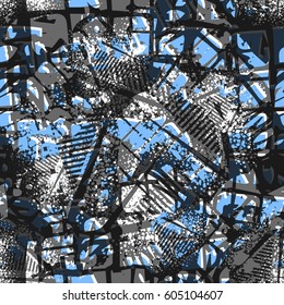 Abstract seamless grunge urban pattern. Monochrome repeated backdrop. Chaotic Multilayer wallpaper with lines, shape elements in blue, grey colors
