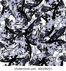 Abstract seamless grunge urban pattern. Monochrome repeated backdrop with Divorces, stains. Chaotic vector granite texture wallpaper in grey, black and white colors