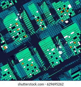 Abstract seamless grunge urban pattern with squares, Shape textured elements, lines, ink. Blue background. Geometric repeated backdrop for boys, textile, clothes. Original wallpaper
