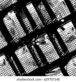 Abstract seamless grunge urban pattern with squares, Shape textured elements, lines, ink. Black and white background. Geometric repeated backdrop for boys, textile, clothes. Monochrome wallpaper