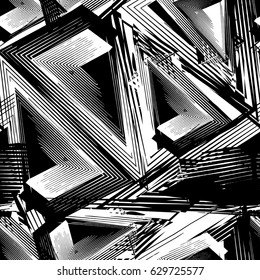 Abstract seamless grunge urban pattern with triangles, lines, ink. Black and white background. Geometric repeated backdrop for boys, textile, clothes. Monochrome  wallpaper