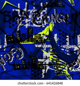 Abstract seamless grunge urban pattern. Dark colors background with spray paint, ink, dirty, shape elements, silhouette of night city.  chaotic repeated backdrop for girls,  boys, textile,  clothes.  