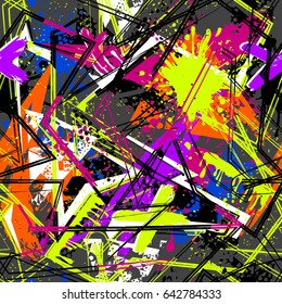 Abstract seamless grunge urban pattern with geometric elements, lines, triangles, spray paint, ink. Dirty repeated backdrop in neon colors.  cute modern wallpaper for firls, boys, textile, clothes. 