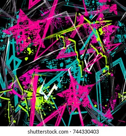 Abstract seamless grunge urban pattern with shabby textured geometric elements, dots, curved lines, spray paint ink, stars. Neon chaotic repeated backdrop for girl, textile, clothes, wrapping paper