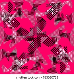 Abstract seamless grunge urban pattern for girls, textile, clothes, wrapping paper. Repeated backdrop in girlish colors pink, grey, black, white. Chaotic background with geometric elements, rhombus. 