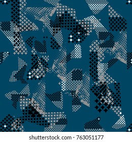 Abstract seamless grunge urban pattern for boys, textile, clothes, wrapping paper. Textured repeated backdrop. Shabby wallpaper. Chaotic background with track brush silhouette, spray paint ink