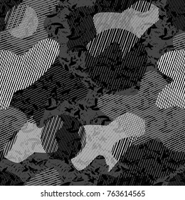 Patrón urbano sin tropiezos con fondo texturado de forma craqueada. Papel pintado en blanco y negro. Elementos geométricos sobre el fondo urbano repetido para textil, ropa, papel envolvente. 