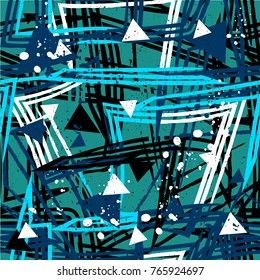 Abstract seamless grunge urban pattern with geometric elements, triangles, curved lines, spray paint ink. Multilayer repeated backdrop for boys, sport clothes, textile, wrapping paper.  